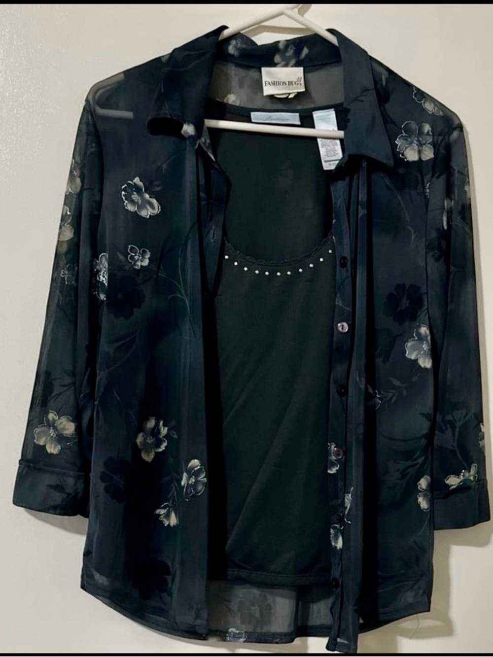 JH Collectibles Black Floral Sheer Button-Down with Black Studded Tank